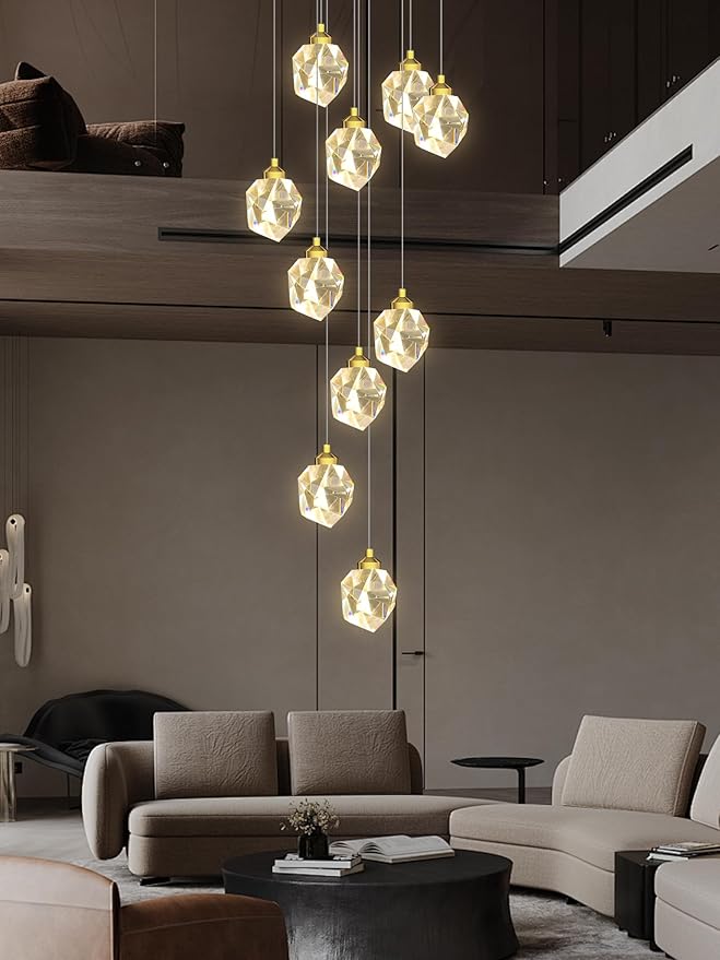 10-Lights Gold Crystal Chandeliers for Living Room 120 inches Long Staircase Chandelier Foyer Entrance Crystal Ceiling Light High Ceiling Chandeliers LED Dimmable 3000-6000K