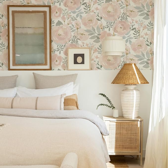 Orainege Peel and Stick Wallpaper Floral Wallpaper 17.3in x393.7in Floral Contact Paper Peony Self Adhesive Removable Wall Paper for Cabinets Walls Shelf Liner, Light Pink