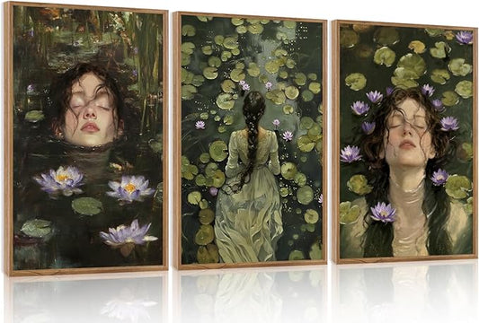 Aurlan Ophelia in the Lake Dark Academia Framed Wall Art(16"x24"), 3PCS Moody Boho Victorian Water Llily Foral Canvas Artwork, Classic Romantic Gothic Modern Cottagecore Decor for Home Office Bedroom