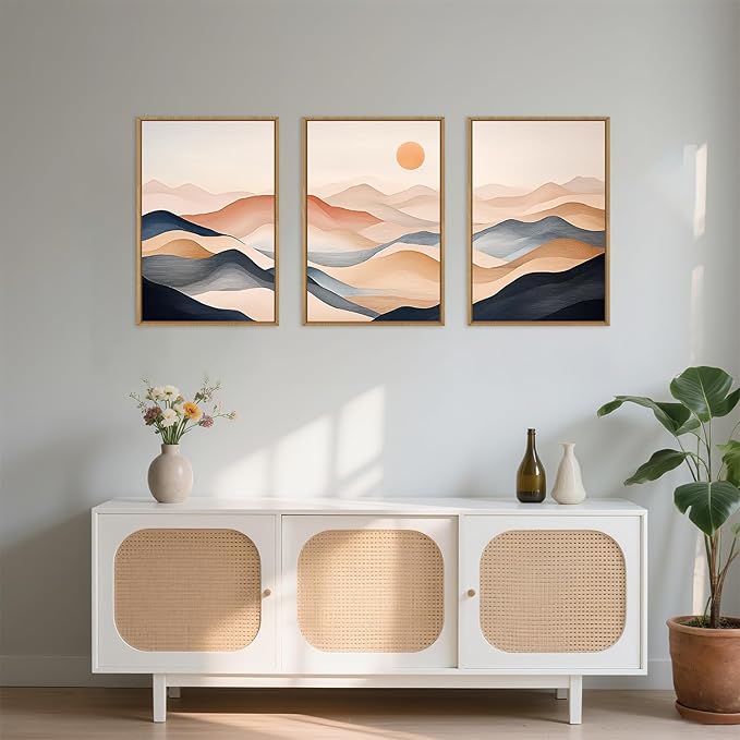 Boho Abstract Mountain Framed Canvas Wall Art Set,Earthy Toned Rustic Sunrise Landscape Wall Decor,Colorful Modern Watercolor Nature Scenery Artwork for Living Room, Bedroom,Farmhouse-16"x24"x3
