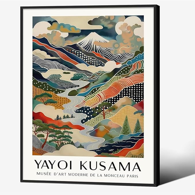 Japanese Canvas Wall Art Ya.yoi Kus.ama Mount Fuji Posters Asian Landscape Pictures Prints Modern Nature Mountain Artwork for Bathroom Living Room Bedroom Office Home Decor 8x10 inch Black Framed