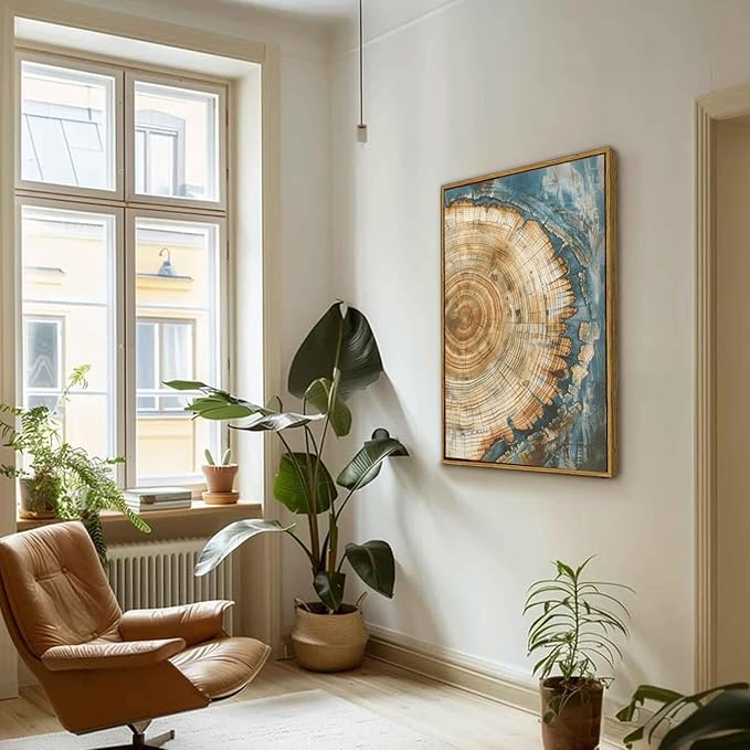 BingruiArt Large Framed Tree Ring Wall Art Wood Canvas Green Boho Wall Decor Rustic Artwork Abstract Painting Farmhouse Picture Nature Print for Living Room Bedroom Bathroom 24"x36" Natural Framed(08)