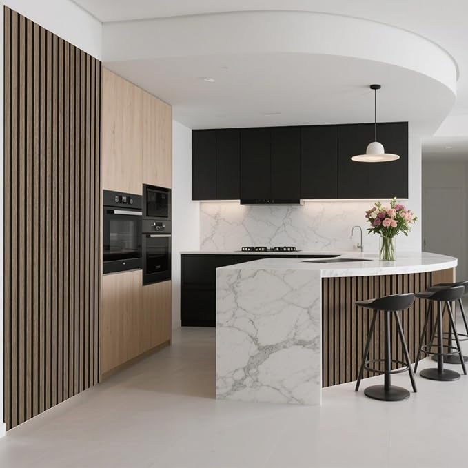 Art3d Acoustic Wood Slat Wall Panel with Roll-Flat Design - 95.3 x 23.8 Inch Sound Absorbing Panels for Living Room Columns Corridor Curved Wall Decor, 1-Pack Ebony