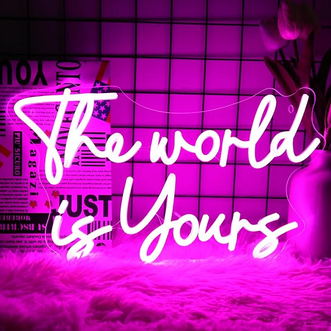 Neonwall The World Is Yours Neon Signs, Pink Led Neon Light for Wall Decor，Light Up Sign for happy birthday, Wedding, Engagement,USB Powered Led Neon Signs for Bedroom Decor 22 x 13'' (Pink)