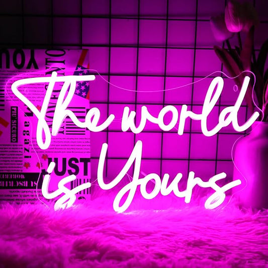 Neonwall The World Is Yours Neon Signs, Pink Led Neon Light for Wall Decor，Light Up Sign for happy birthday, Wedding, Engagement,USB Powered Led Neon Signs for Bedroom Decor 22 x 13'' (Pink)