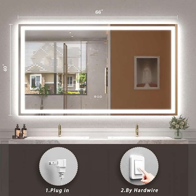 66x40 inch Large LED Mirror for Bathroom, Lighted Vanity Mirror for Wall, Dimmable, Anti-Fog, Shatter-Proof, ETL Listed (Front Lights + Backlit)