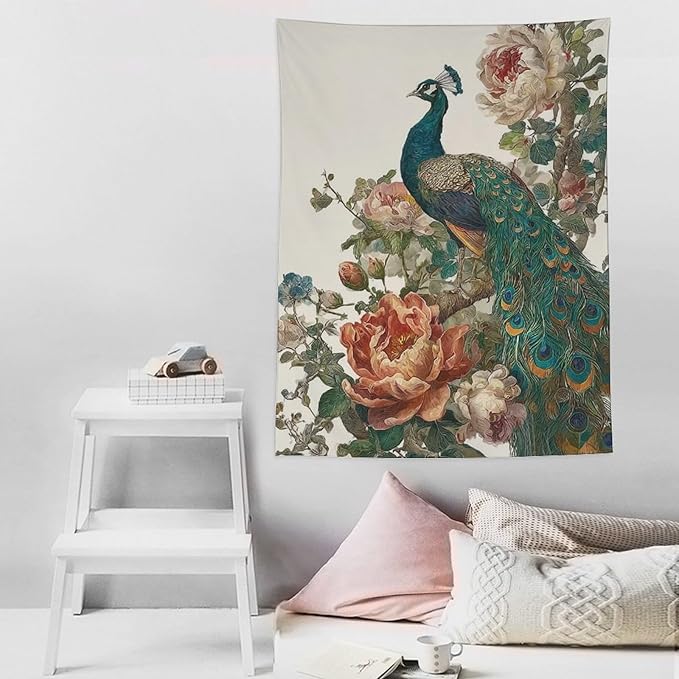 UUKXKUU Peacock Oriental Retro Blooming Flowers Tree Tapestry Wall Decor Large Wall Art Backdrop Flag Hanging for Bedroom Living Room Dorm Office 60"×80"