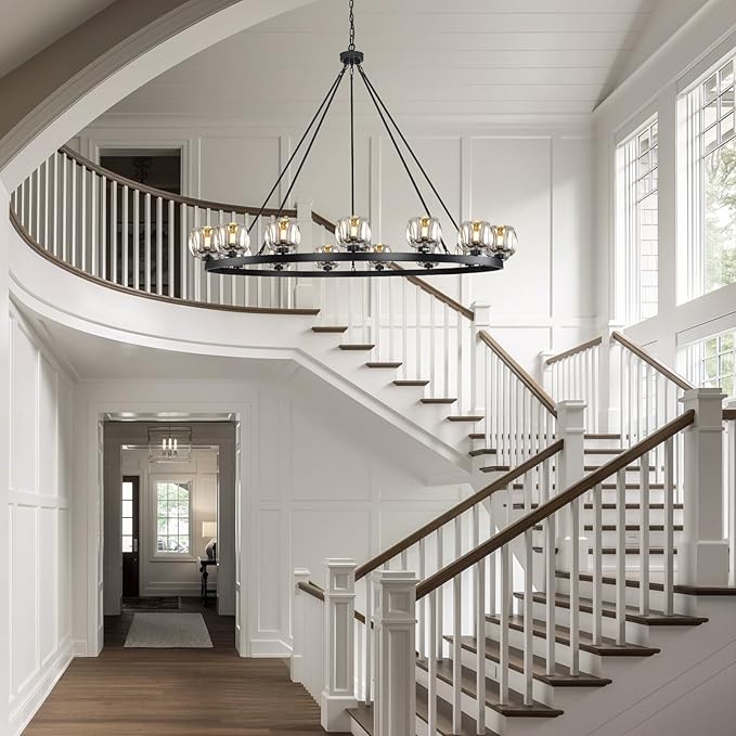 Black Wagon Wheel Chandelier, 59 Inch Black Chandeliers with Unique Glass Shade, 15-Light Crystal Large Wagon Wheel Chandeliers for Dining Room, High Ceiling Round Chandelier for Living Room, Foyer