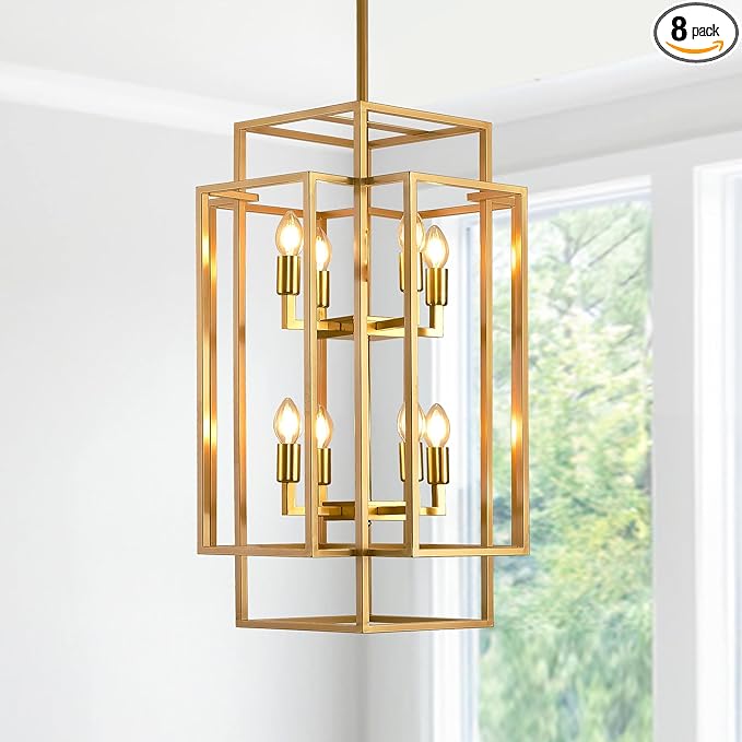 8-Light Gold Chandelier, Modern Foyer Lighting Fixtures, 31.5" Farmhouse Lantern Pendant Light, Industrial Large Chandeliers for High Ceilings, for Living Room,Staircase,Hallway