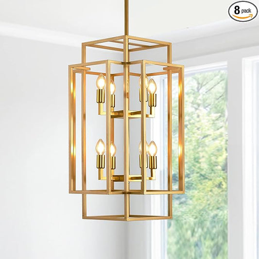 8-Light Gold Chandelier, Modern Foyer Lighting Fixtures, 31.5" Farmhouse Lantern Pendant Light, Industrial Large Chandeliers for High Ceilings, for Living Room,Staircase,Hallway