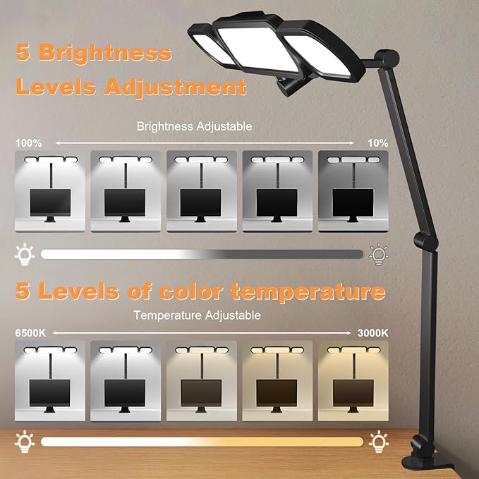 LED Desk Lamp with Clamp,Adjustable Swing Arm Desks Lamps for Home Office,Dimmable Tempering Eye Care Desk Light Bright Modern Led Table Lamp for Nail Tech Archite (3 Section Swing Arm)