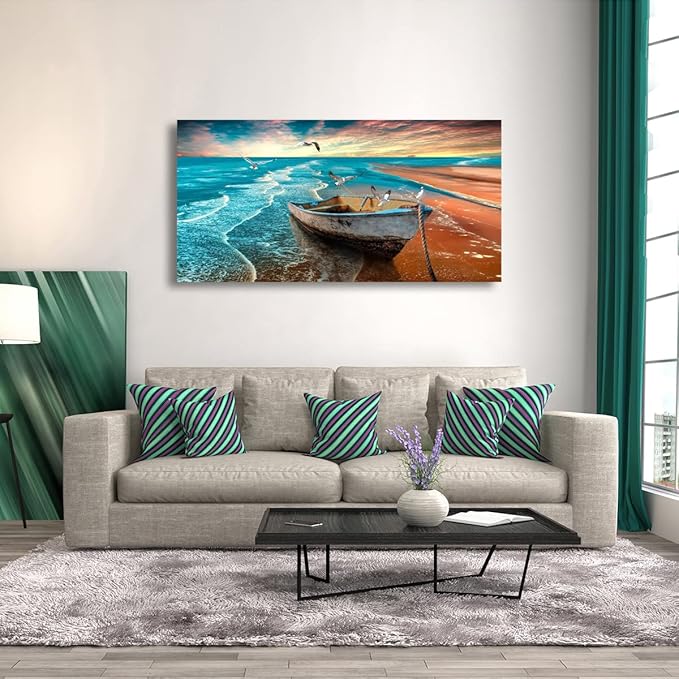 Beach Sunset Pictures Canvas Wall Art For Living Room Bedroom Wall Decor,Seascape Wall Art Print Paitnings For Home Decor,Morden Artwork Boat Canvas Art Waterproof Ready To Hang-24x48 Inches