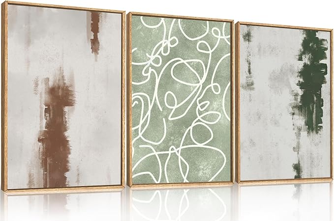 Large Abstract Green and Brown Framed Canvas Wall Art,Neutral Brush Stroke Wall Decor,Modern Watercolor Line Artwork,Minimalist Geometric Art Print for Living Room,Bedroom,Office- 24"x36"x3