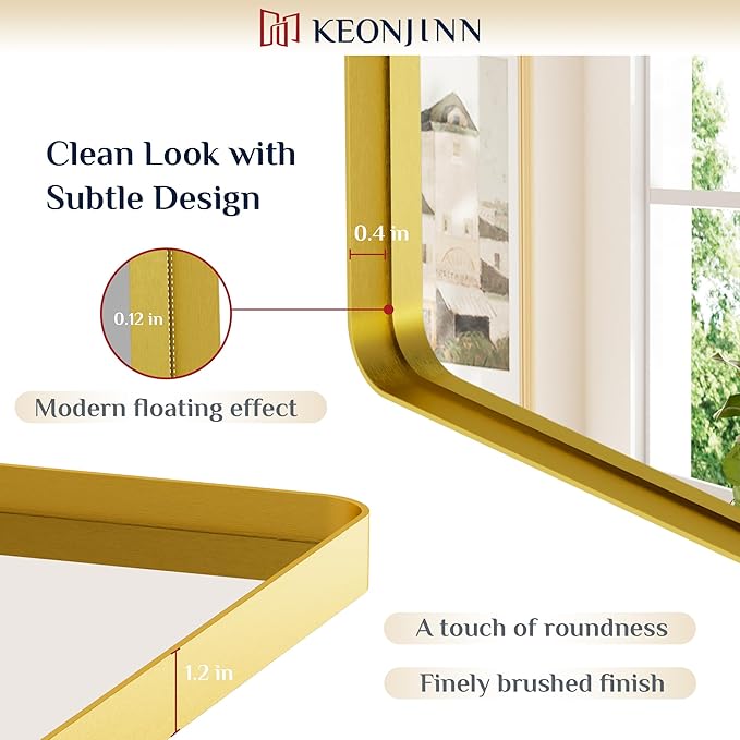 Keonjinn Gold Bathroom Mirrors for Over Sink, 32” x 36” Rounded Rectangle Brushed Gold Vanity Mirror, Anti-Rust Brass Mirror with HD Tempered Glass, Decorative Farmhouse Mirrors, Horizontal/Vertical