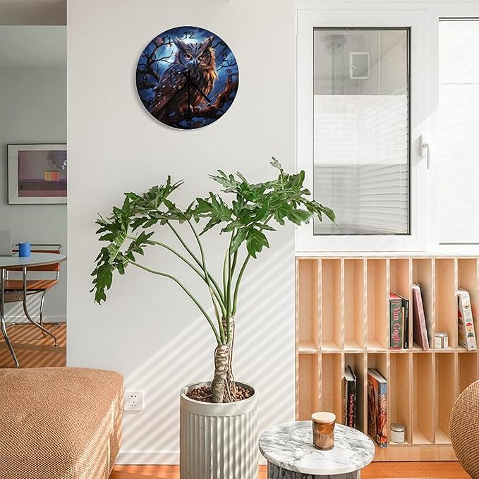 Owl Cartoon Round Wall Clock, Night Forest Branch Owl Watercolor Art, Personalized Decorative Wooden Silent Wall Wall Clock for Teenagers' Rooms and Bedrooms 12x12INCH