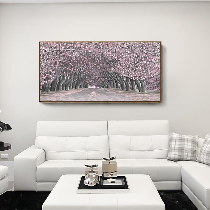 Nicetop Framed Canvas Wall Art – Pink Cherry Blossom Tree Tunnel Canvas Print Romantic Floral Landscape Artwork Abstract Forest Picture for Bedroom Living Room Girls Women Wall Decor Large Size 48x24 Inch