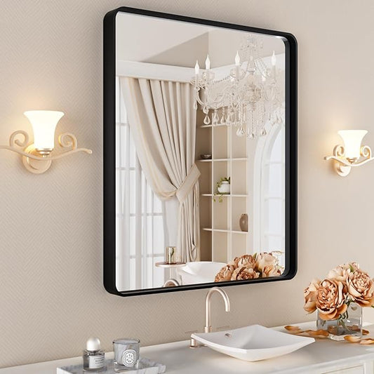 Black Bathroom Vanity Mirror 24x30 Inch,Rounded Rectangle Matte Black Mirror for Bathroom Wall,Tempered Glass,Horizontal or Vertical