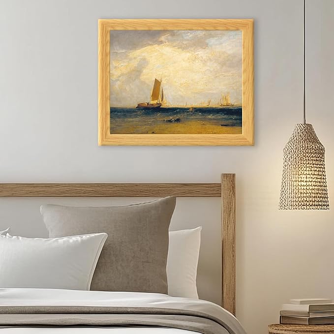 Brivoria Framed Canvas Wall Art Vintage Decor, Romantic Coastal Scene with Sailing Vessel Golden Sky Sunlit Tide and Shore Birds for Hallway Dining Room or Nautical Wall Decoration, 13"x16"
