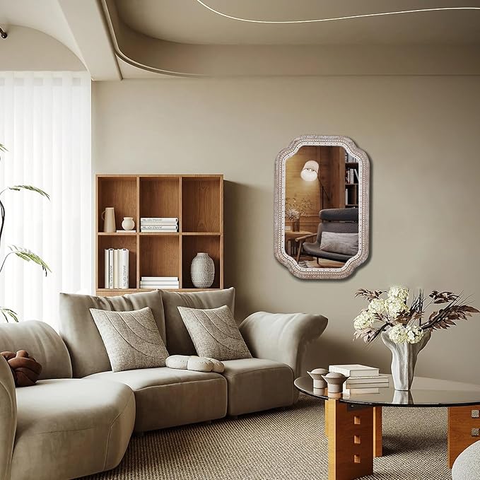 36x24 Wooden Scalloped Decorative Wall Mirror with Beaded Frame, Rustic Farmhouse Entryway Mirrors for Bathroom Vanity, Foyer, Hallway, or Over Sink (Horizontal/Vertical)