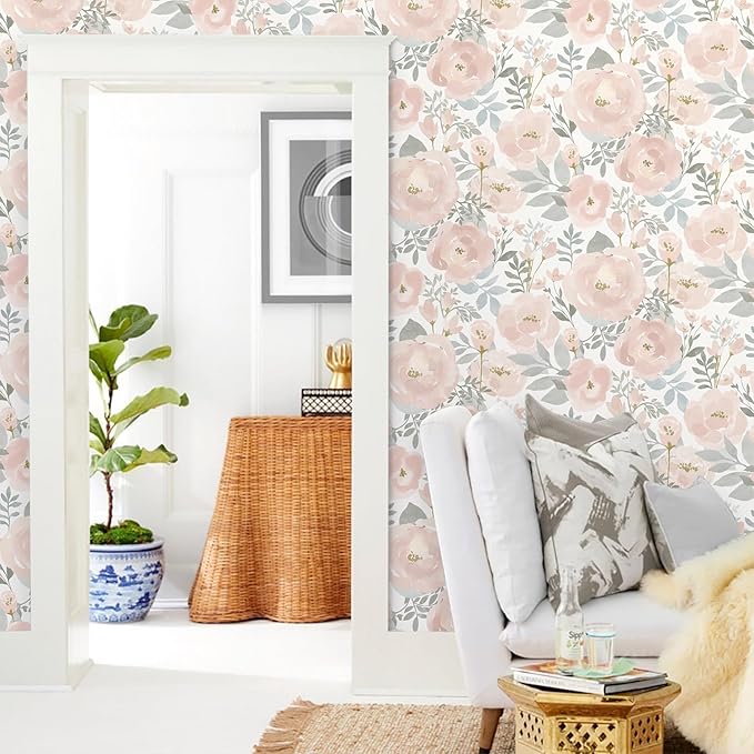 Orainege Peel and Stick Wallpaper Floral Wall Paper 17.3in x196.8in Floral Contact Paper Peony Self Adhesive Removable Wallpaper for Cabinets Walls Shelf Liner, Light Pink