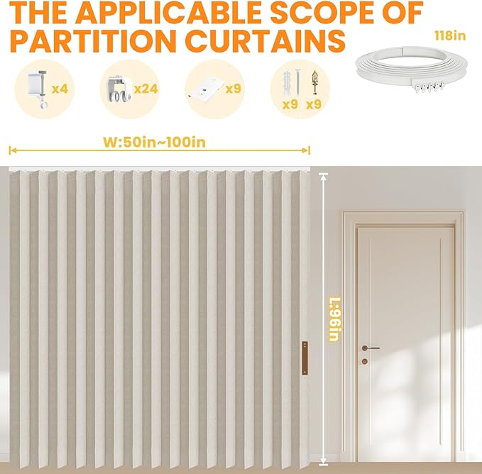 100% Blackout Room Divider Curtains - Total Privacy Curtain Panel, Thermal Insulated Noise Reduction Curtain for Bedroom Windows, Include Ceiling Track(Cream White, W100 x L96, 1 Pack)