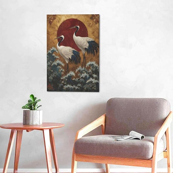Japanese Crane Wall Art Gold Oriental Asian Wall Decor Sandhill Crane Canvas Pictures Paintings Prints Japan Traditional Aesthetic Artwork Framed Chinese Decorations For Bedroom Living Room Office Gifts 16" x 24"