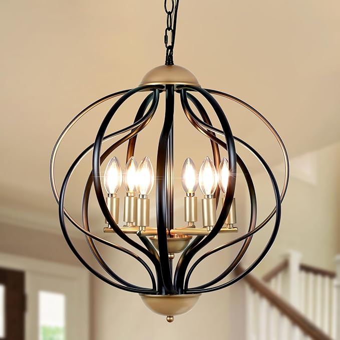 Black and Gold Chandelier, Modern Farmhouse Chandelier 17.7" Geometric Sphere Chandelier for Entryway 6 Lights Metal Industrial Pendant Light Fixture for Dining Room,Kitchen Island,Stairs,Foyer