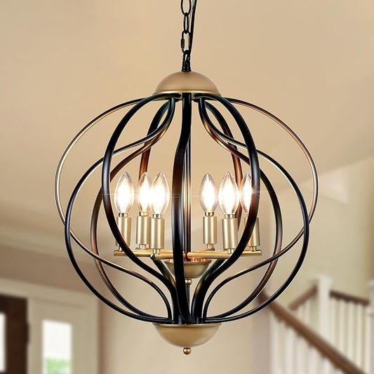 Black and Gold Chandelier, Modern Farmhouse Chandelier 17.7" Geometric Sphere Chandelier for Entryway 6 Lights Metal Industrial Pendant Light Fixture for Dining Room,Kitchen Island,Stairs,Foyer