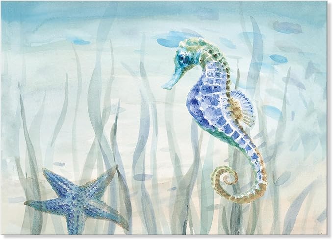 Ocean Wall Art Sea Life Wall Decor Costal Watercolor Seahorse Painting Blue Sea Animal Pictures Starfish Canvas Artwork for Bathroom Bedroom Home Decoration 36x24Inch