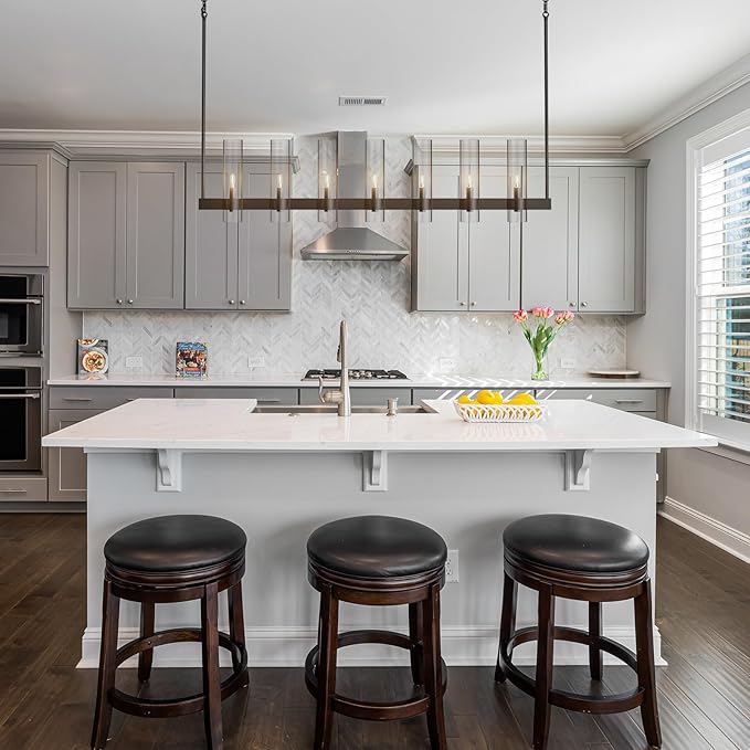 Black Kitchen Island Lighting- 7-Light Linear Chandelier, Adjustable 47'' Modern Farmhouse Rectangle Pendant Light Fixtures, Dining Room, Bedroom