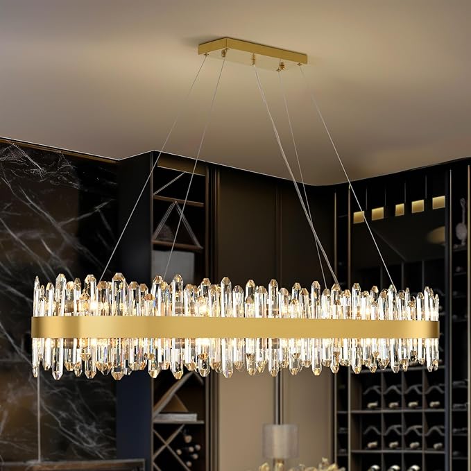 Modern Chandelier, 20-Lights 2 Tiers Gold Rectangular Chandeliers for Dining Room, 52'' Luxury K9 Raindrop Crystal Chandeliers, Adjustable Kitchen Island Chandelier for Living Room, Foyer Entryway