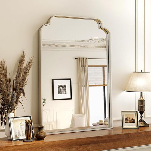 20" x 30" Silver Arch Bathroom Mirror, Wall Mounted Vanity Mirror with Metal Frame, Modern Decorative Scalloped Wall Mirror for Sink, Bedroom, Living Room, Entry, Farmhouse Home