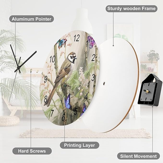 Bird Flower Hummingbird Decorated Round Wall Clock, Retro Watercolor Bamboo Forest Ink-Wash Painting Style Spring Garden Tropical Flower Wooden Silent Wall Clock 12x12INCH