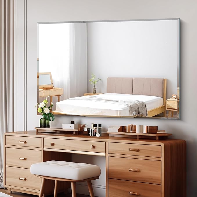 Beveled Bathroom Mirror, 55x36 Inch Large Frameless Mirrors for Over Sink, Upgraded Shatterproof Beveled Vanity Mirror for Bathroom,Bedroom,Living Room and Entryway