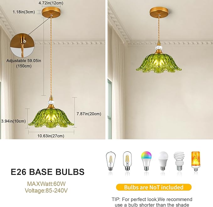 1 Piece Vintage Chandelier Light Fixtures with Green Glass Shade, Matte Antique Brass Finish Pendant Light Kitchen Island, Adjustable Hanging Light for Dining Room, Hallway, Living Room, Bedroom