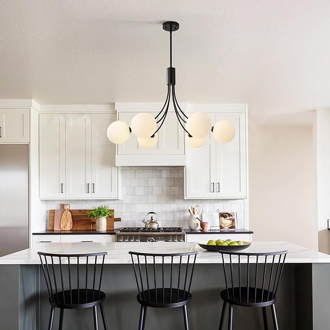 6-Light Modern Farmhouse Black Chandelier, Mid Century Dining Room Light Fixtures Over Table, Hanging Sputnik Chandelier for Kitchen Island Living Room Bedroom Office, Milk White Globe Glass Shade
