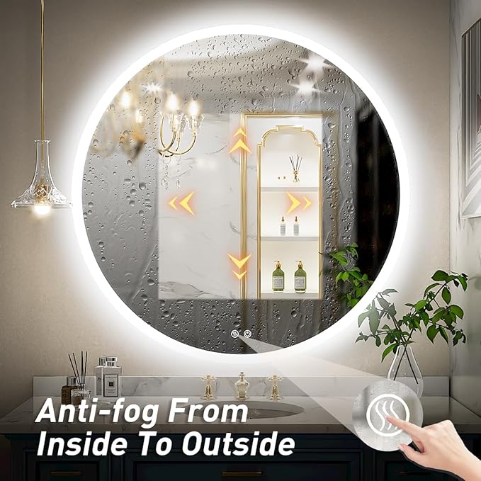 24 Inch Round LED Bathroom Mirror - 6000K Daylight Backlit, Anti-Fog & Dimmable, Frameless Waterproof Mirror with Touch Control, CRI90+, IP54 for Vanity & Makeup