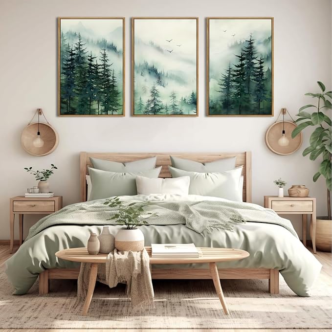 Anyzal Large Foggy Forest Wall Art Decor Framed Abstract Misty Mountain Artwork Prints for Living Room Bedroom Office 16x24 Inch Set of 3