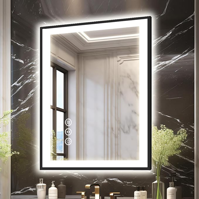 20x28 LED Bathroom Mirror for Wall, Black (Metal, Aluminum) Framed, Front Light and Backlit, 3 Colors and Dimmable Vanity Mirror, Anti-Fog, Shatter-Proof, Memory (Horizontal/Vertical)