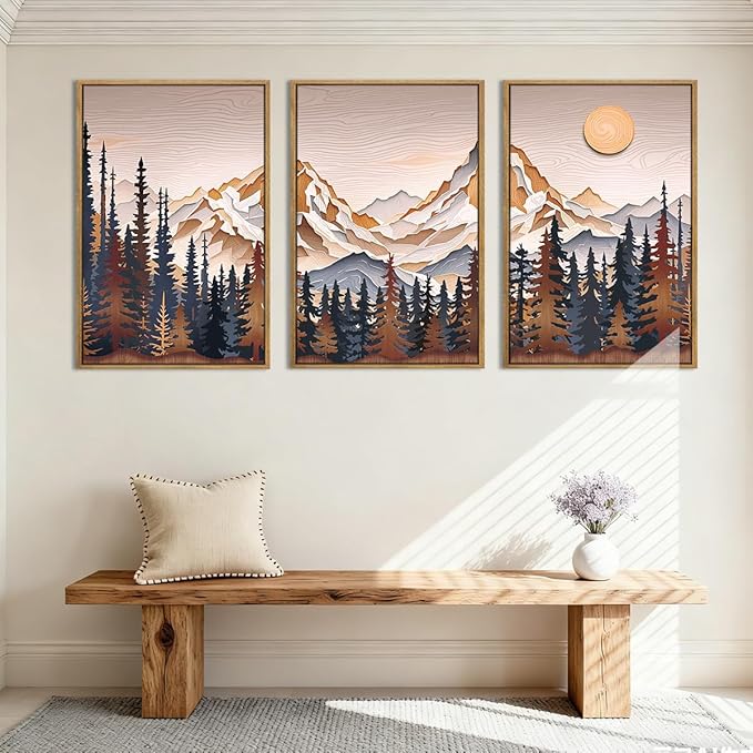 Anyzal Large Mountain Wall Art Pine Tree Forest Wall Decor Modern Abstract Mountain Range Painting Set of 3 for Living Room Bedroom Office 16x24 Inch