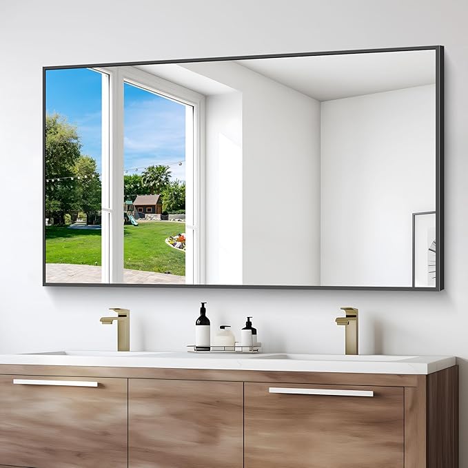 Black Bathroom Mirror for Wall, 55x36 Inch Rectangle Mirrors with Metal Frame, Modern Vanity Wall Mirror Decor for Entryway Hangs, Bathroom Living Room Horizontal or Vertical