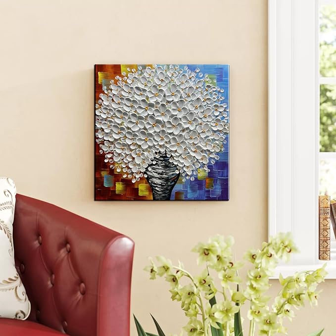 3D White Flower Bouquet Canvas Wall Art, Modern Textured Painting, Colorful Abstract Background, 30x30 inches