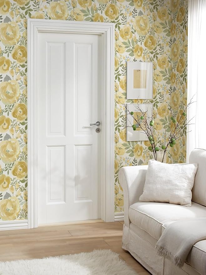 Orainege Floral Wallpaper Peel and Stick Wallpaper 16.9inx196.8in Self Adhesive Wallpaper Boho Contact Paper Removable Decorative Wall Paper for Bedroom Bathroom Shelf Liner Decor Vinyl,Yellow