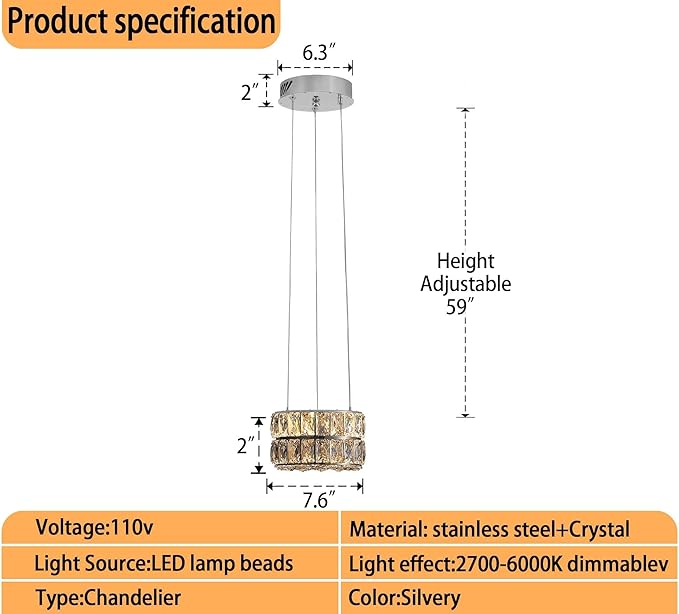 Led Ring Crystal Chandelier, Modern Dimmable Chandeliers Lighting and Hanging Adjustable, LED Round Ceiling Light Fixtures for Dining Room Living Room 7.8'' Silver