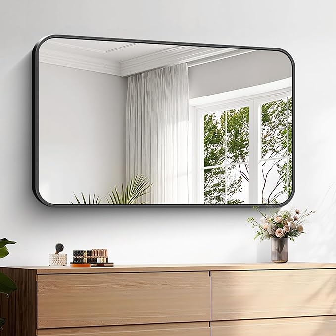 KOCUUY Bathroom Mirror 24" x 40", Black Rectangle Mirror with Metal Frame, Matte Black Vanity Mirror Rounded Corner Decorative for Bedroom, Living Room, Entryway (Horizontal/Vertical)