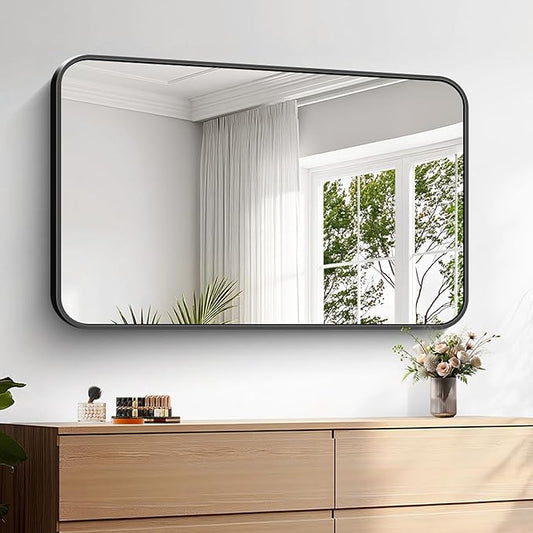 KOCUUY Bathroom Mirror 24" x 40", Black Rectangle Mirror with Metal Frame, Matte Black Vanity Mirror Rounded Corner Decorative for Bedroom, Living Room, Entryway (Horizontal/Vertical)