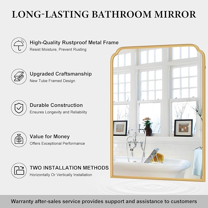 30X40 Inch Gold Bathroom Mirror for Vanity, Modern Rounded Corner Large Wall Mirror for Over Sink with Non-Rusting Iron Metal Framed (Tempered Glass)