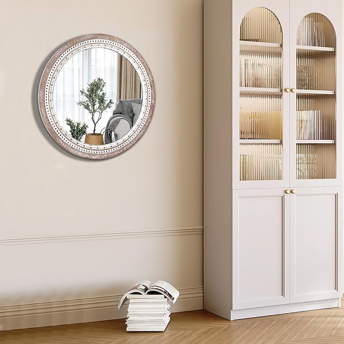 32" Farmhouse Wooden Decorative Round Mirrors for Wall Decor with Beads Frame, Rustic Large Circle Mirrors for Bathroom, Over Sink, Bedroom, Living Room, Entryway