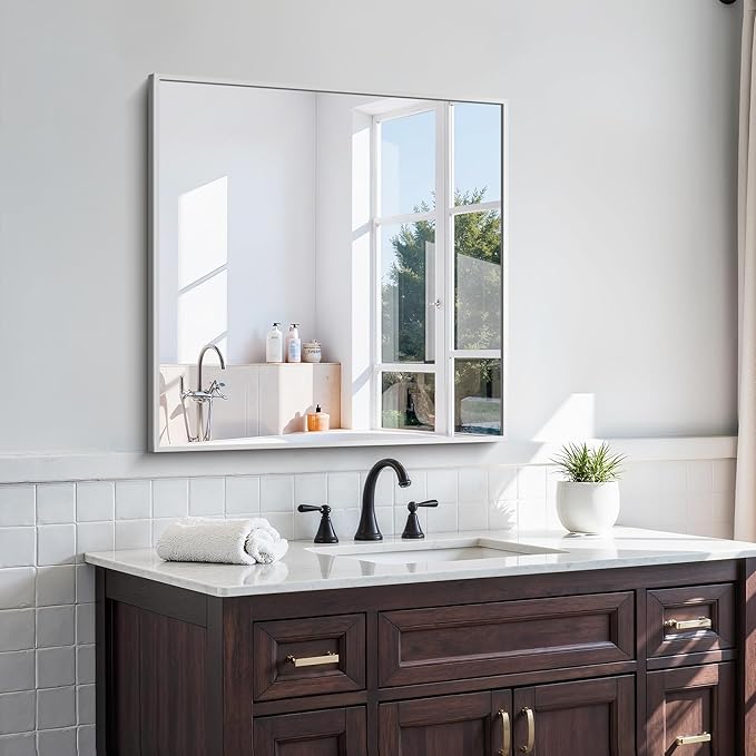 KOCUUY Silver Framed Mirror, 30"x30" Rectangle Bathroom Mirror for Wall, HD Tempered Glass, Anti-Rust Brushed Silver Frame, Modern Design for Bathroom, Bedroom, Living Room, Entryway