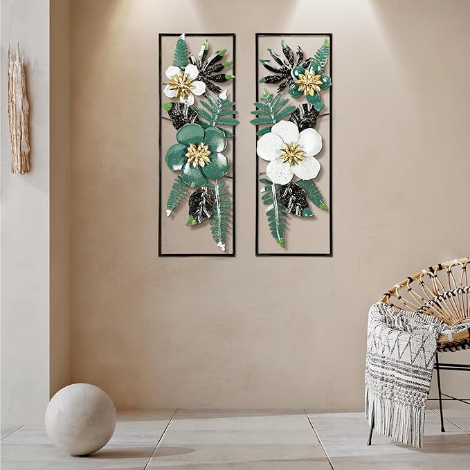 Metal 3D Wall Art Decor 2 Pcs 34" x 15" Wall Decor Handmade Green Leaf Flower Hanging Home Decor with Frame Wall Sculptures Modern for Living Room, Bedroom, Dining Room, Office and Hotel Large
